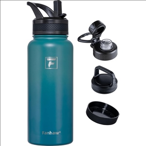 32 oz Insulated Water Bottle – Portable Stainless Steel Flask with 3 Lids Straw, Spout, Carabiner